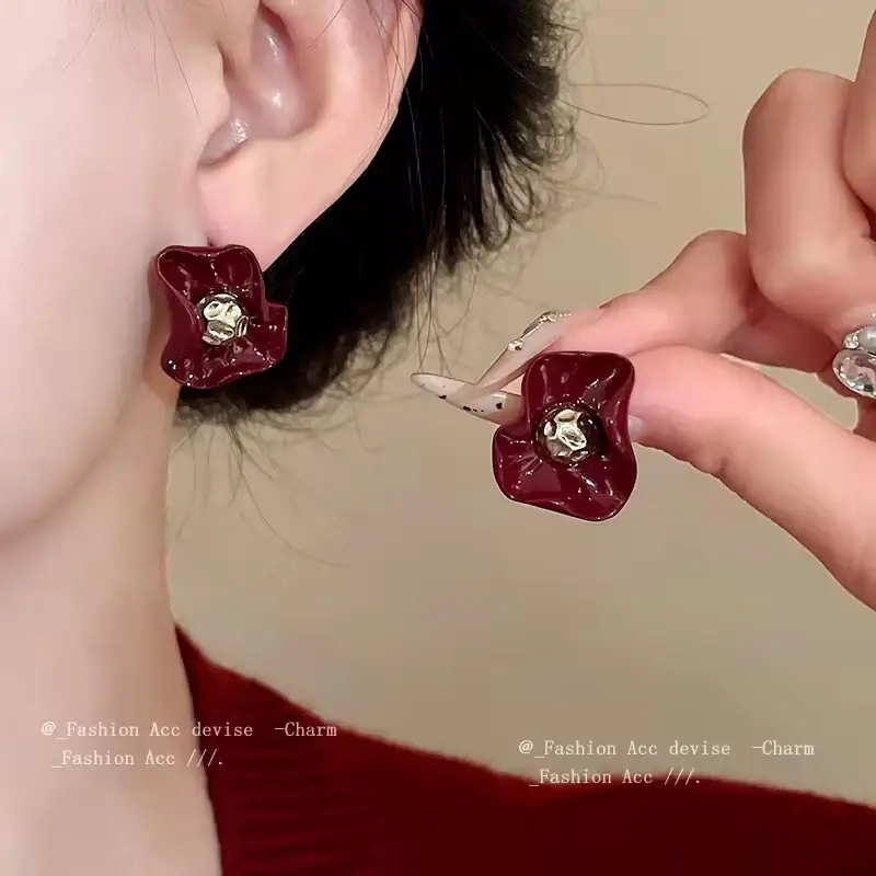 Wine Red Flower Earrings - Image 2