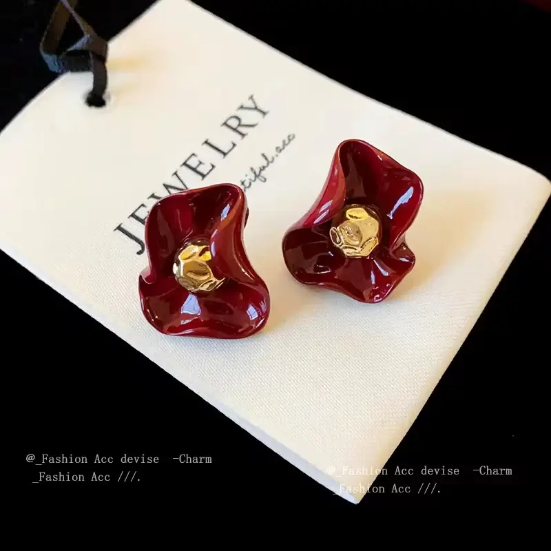 Wine Red Flower Earrings - Image 3