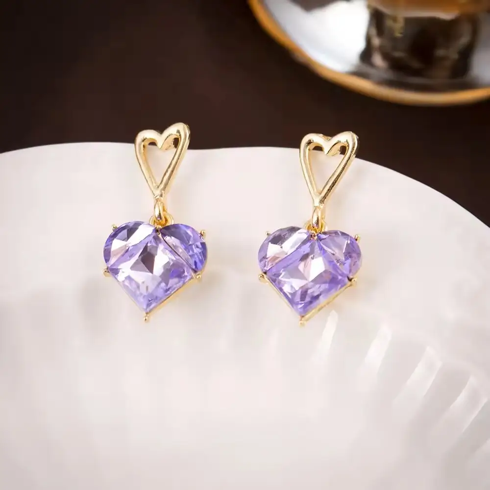 Purple Crystal Heart Drop Earrings - Image 3