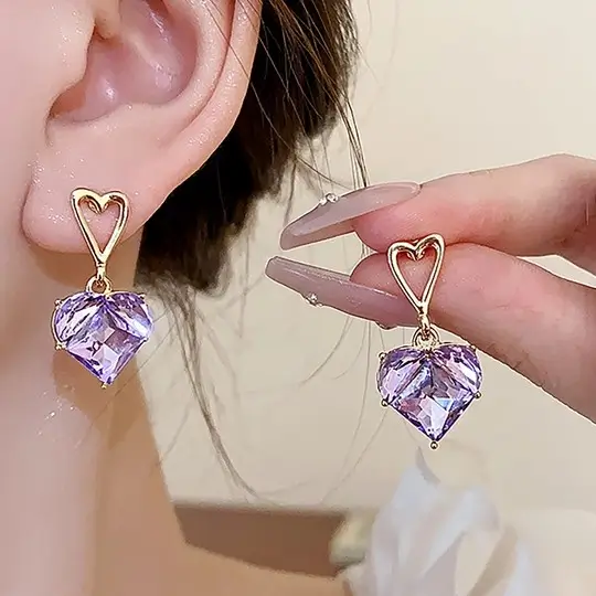 Purple Crystal Heart Drop Earrings - Image 2