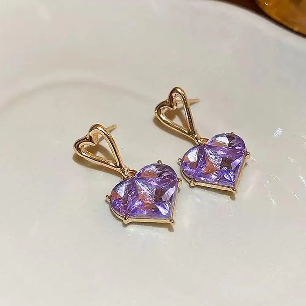 Purple Crystal Heart Drop Earrings
