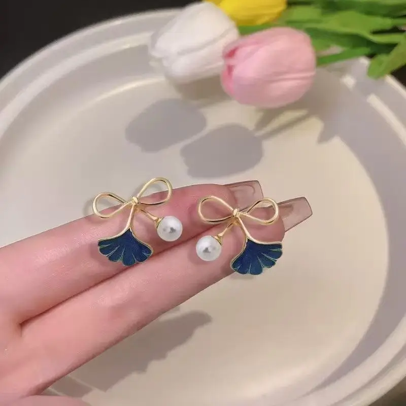 Blue Leaf Pearl Drop Earrings