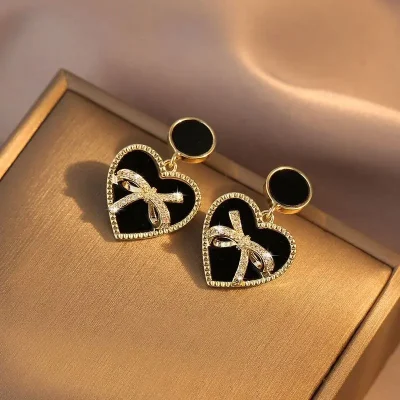 Black Heart Bow Drop Earrings
